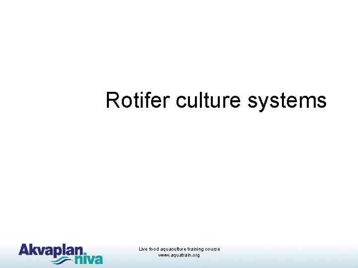 Rotifer culture systems Live food aquaculture training course www. aquatrain. org 