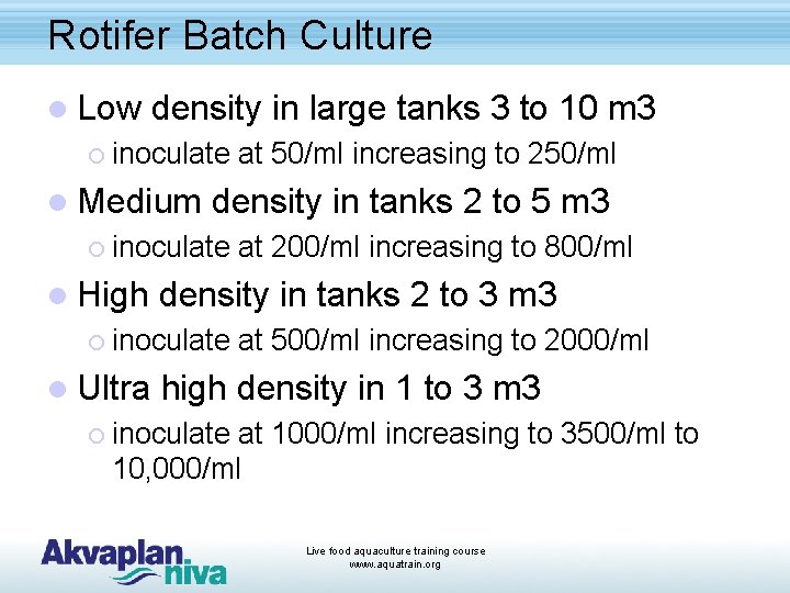 Rotifer Batch Culture l Low density in large tanks 3 to 10 m 3
