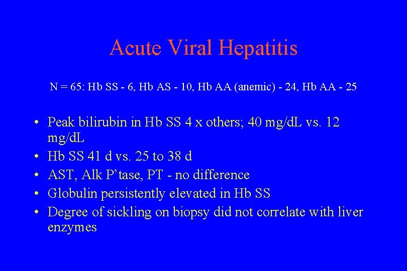 Acute Viral Hepatitis N = 65: Hb SS - 6, Hb AS - 10,
