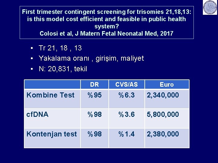 First trimester contingent screening for trisomies 21, 18, 13: is this model cost efficient