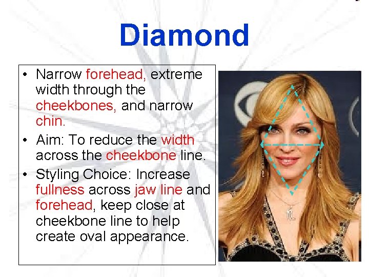 Diamond • Narrow forehead, extreme width through the cheekbones, and narrow chin. • Aim: