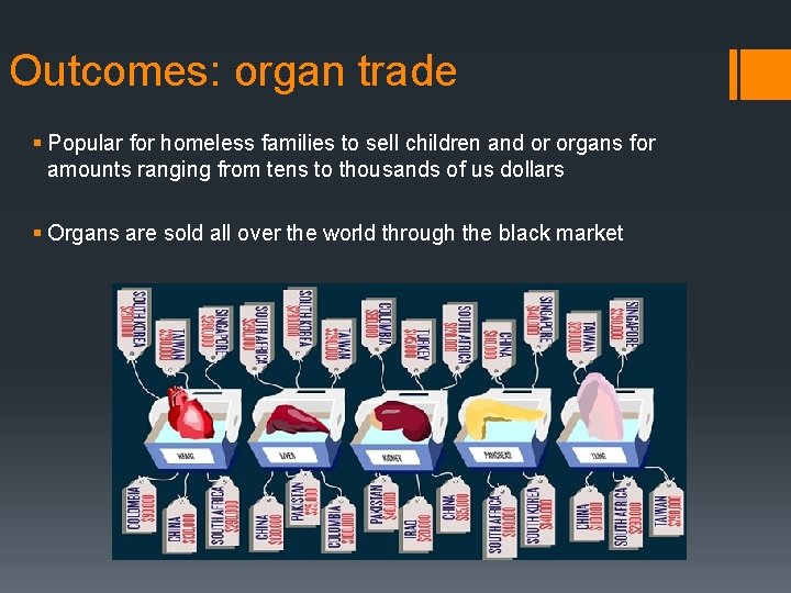 Outcomes: organ trade § Popular for homeless families to sell children and or organs