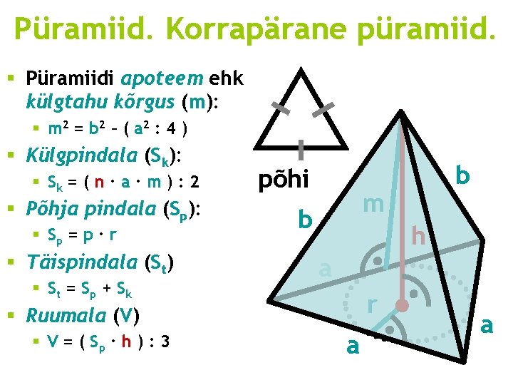 Püramiid. Korrapärane püramiid. § Püramiidi apoteem ehk külgtahu kõrgus (m): § m 2 =