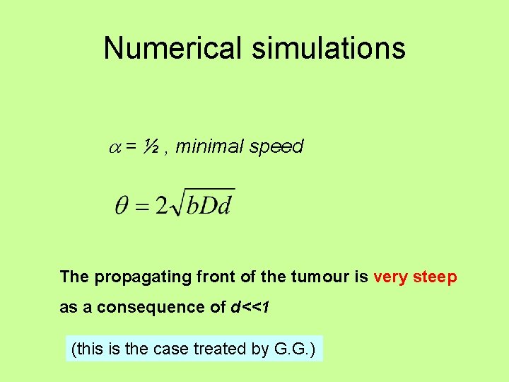 Numerical simulations = ½ , minimal speed The propagating front of the tumour is