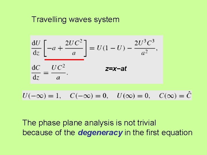 Travelling waves system z=x−at The phase plane analysis is not trivial because of the