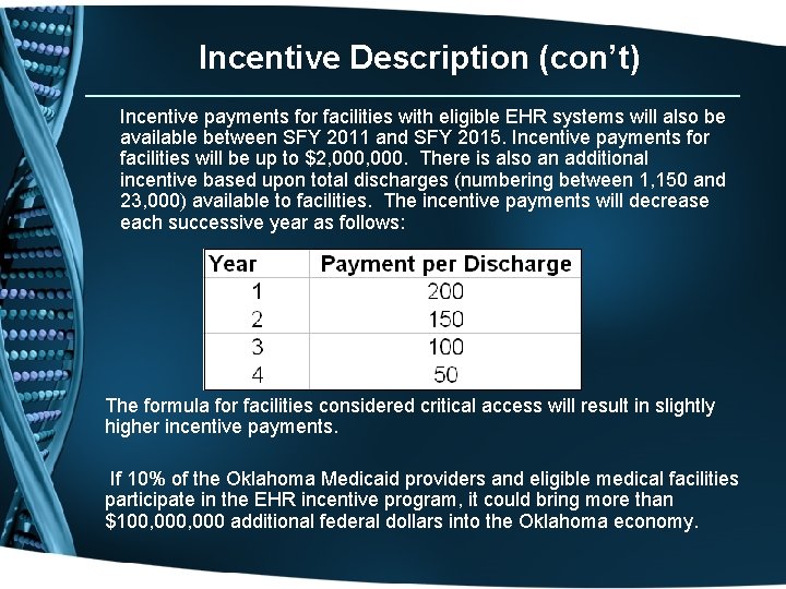 Incentive Description (con’t) Incentive payments for facilities with eligible EHR systems will also be