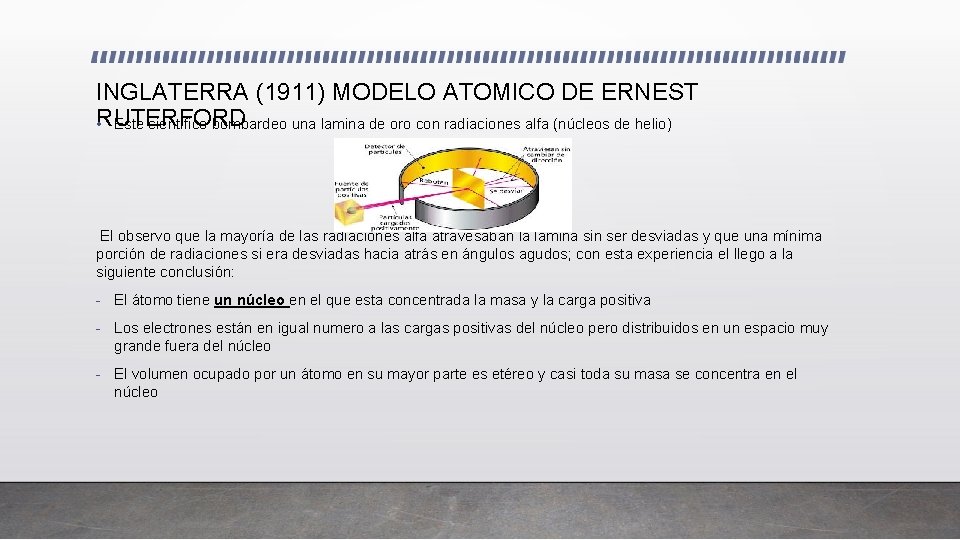 INGLATERRA (1911) MODELO ATOMICO DE ERNEST RUTERFORD • Este científico bombardeo una lamina de