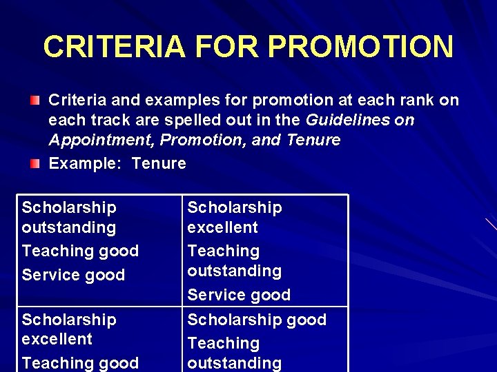 CRITERIA FOR PROMOTION Criteria and examples for promotion at each rank on each track