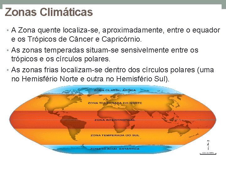 Zonas Climáticas • A Zona quente localiza-se, aproximadamente, entre o equador e os Trópicos