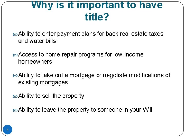 Why is it important to have title? Ability to enter payment plans for back