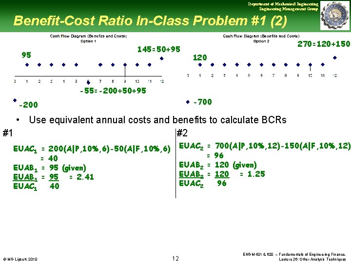 Department of Mechanical Engineering Management Group Benefit-Cost Ratio In-Class Problem #1 (2) 95 145=50+95