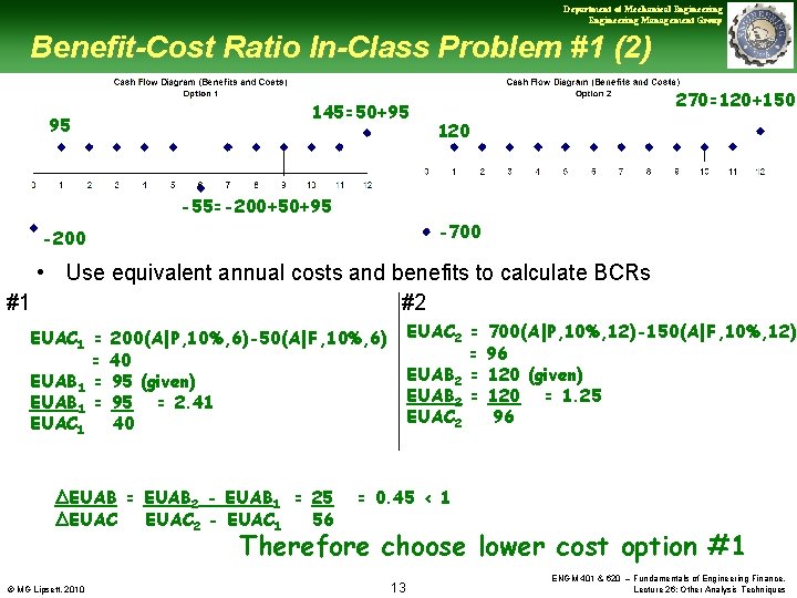 Department of Mechanical Engineering Management Group Benefit-Cost Ratio In-Class Problem #1 (2) 95 145=50+95