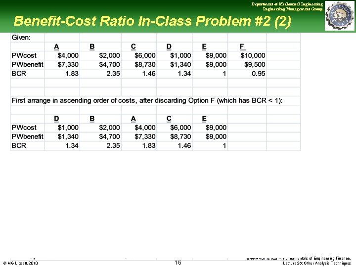 Department of Mechanical Engineering Management Group Benefit-Cost Ratio In-Class Problem #2 (2) © MG