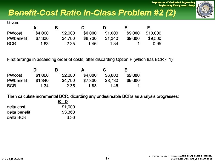 Department of Mechanical Engineering Management Group Benefit-Cost Ratio In-Class Problem #2 (2) © MG