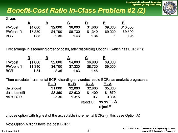 Department of Mechanical Engineering Management Group Benefit-Cost Ratio In-Class Problem #2 (2) © MG
