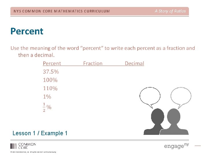 NYS COMMON CORE MATHEMATICS CURRICULUM Percent Lesson 1 / Example 1 © 2012 Common