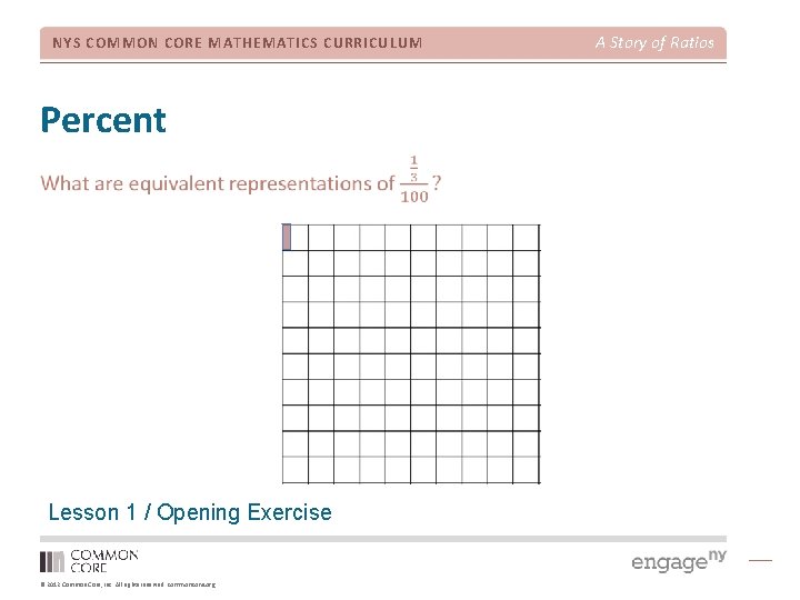 NYS COMMON CORE MATHEMATICS CURRICULUM Percent Lesson 1 / Opening Exercise © 2012 Common