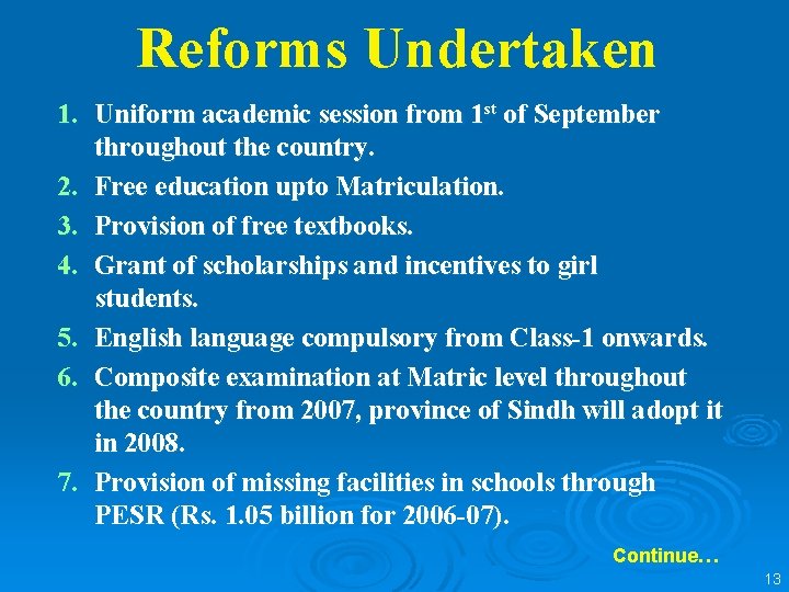 Reforms Undertaken 1. Uniform academic session from 1 st of September throughout the country.