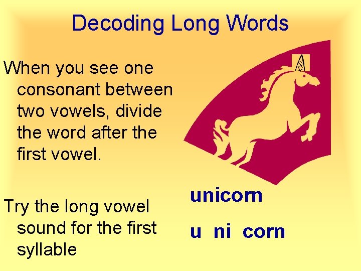 Decoding Long Words When you see one consonant between two vowels, divide the word