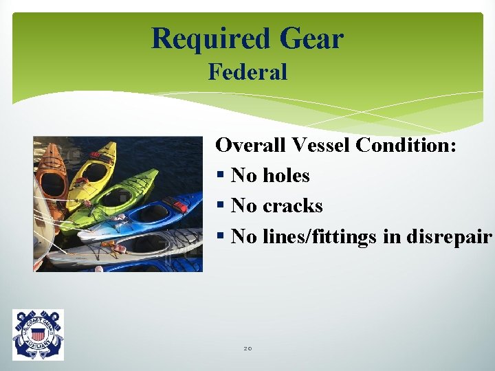 Required Gear Federal Overall Vessel Condition: § No holes § No cracks § No