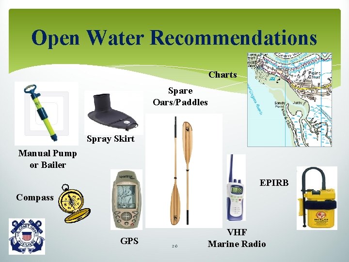 Open Water Recommendations Charts Spare Oars/Paddles Spray Skirt Manual Pump or Bailer EPIRB Compass