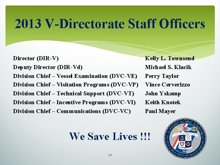 2013 V-Directorate Staff Officers Director (DIR-V) Deputy Director (DIR-Vd) Division Chief – Vessel Examination