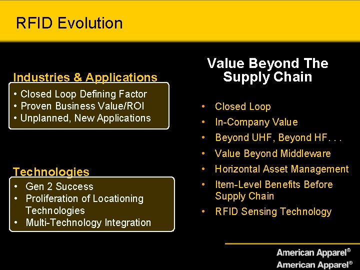 RFID Evolution Industries & Applications • Closed Loop Defining Factor • Proven Business Value/ROI