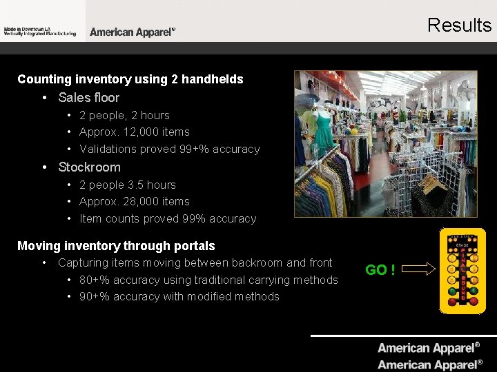 Results Counting inventory using 2 handhelds • Sales floor • 2 people, 2 hours