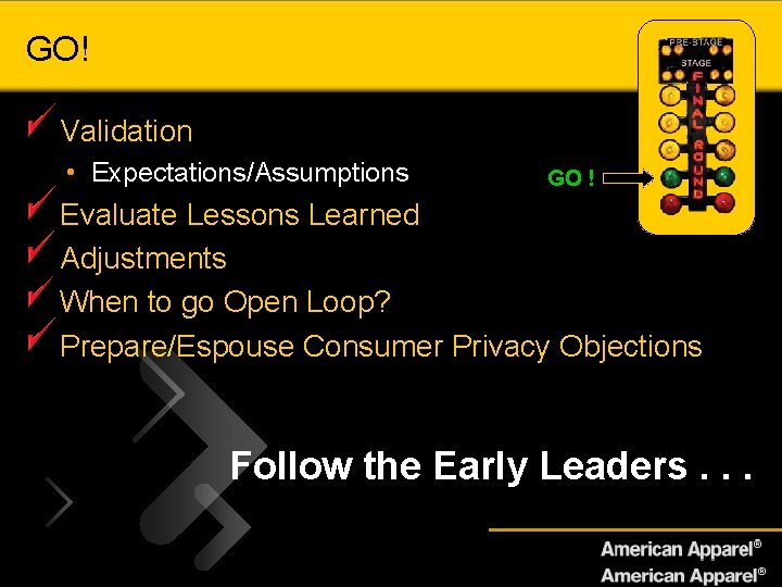 GO! Validation • Expectations/Assumptions GO ! Evaluate Lessons Learned Adjustments When to go Open