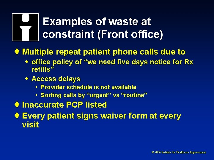 Examples of waste at constraint (Front office) t Multiple repeat patient phone calls due