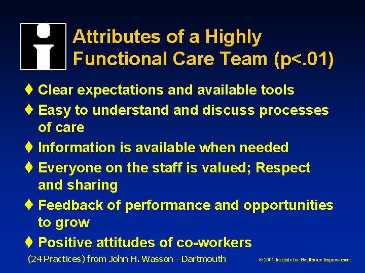 Attributes of a Highly Functional Care Team (p<. 01) t Clear expectations and available