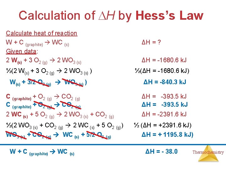 Calculation of H by Hess’s Law Calculate heat of reaction W + C (graphite)