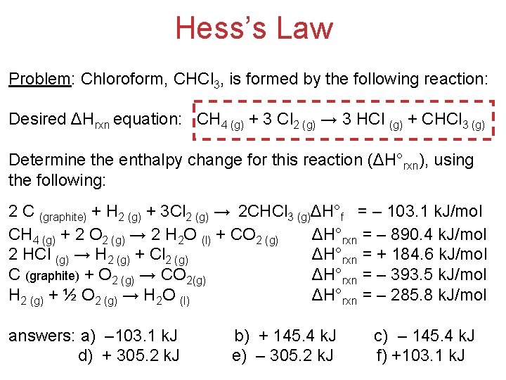 Hess’s Law Problem: Chloroform, CHCl 3, is formed by the following reaction: Desired ΔHrxn