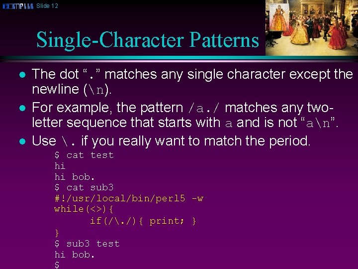 Slide 12 Single-Character Patterns l l l The dot “. ” matches any single