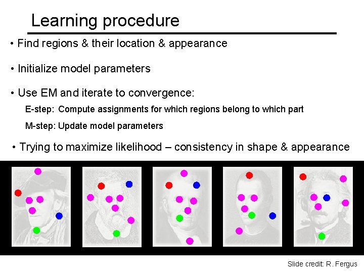 Learning procedure • Find regions & their location & appearance • Initialize model parameters