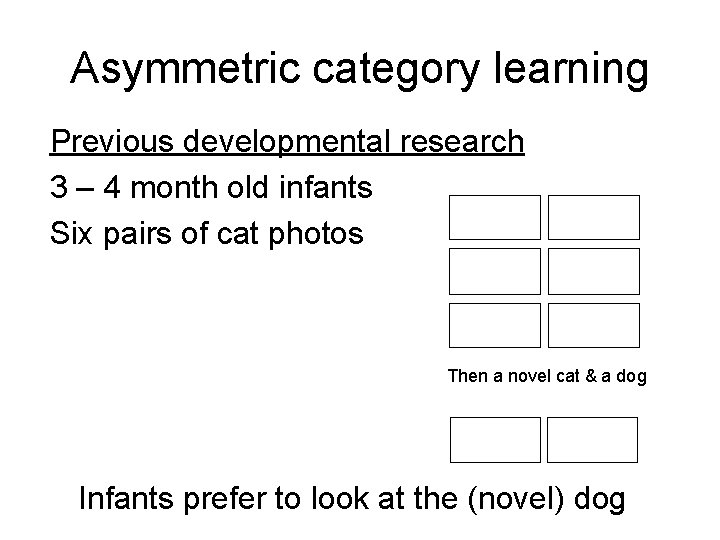 Asymmetric category learning Previous developmental research 3 – 4 month old infants Six pairs