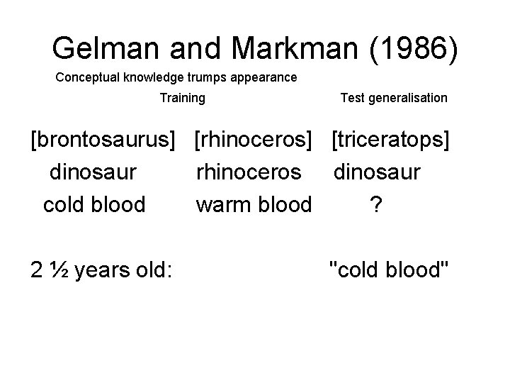 Gelman and Markman (1986) Conceptual knowledge trumps appearance Training Test generalisation [brontosaurus] [rhinoceros] [triceratops]