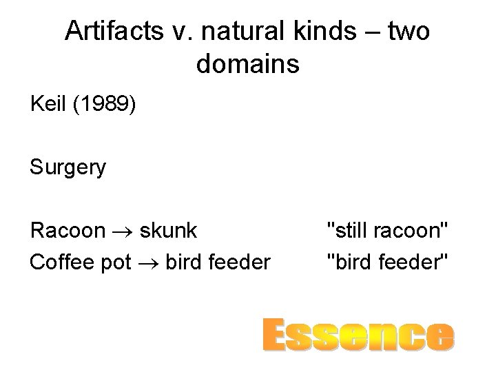 Artifacts v. natural kinds – two domains Keil (1989) Surgery Racoon skunk Coffee pot