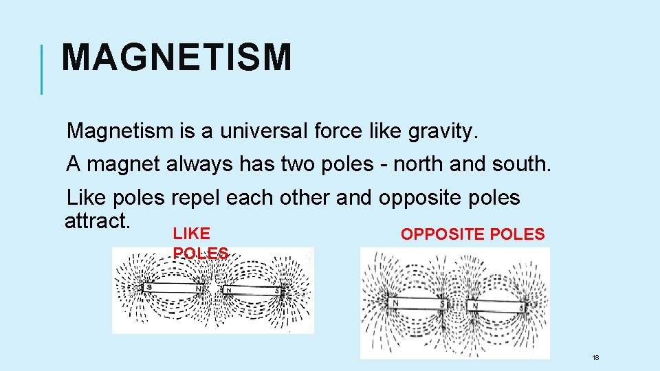 MAGNETISM Magnetism is a universal force like gravity. A magnet always has two poles