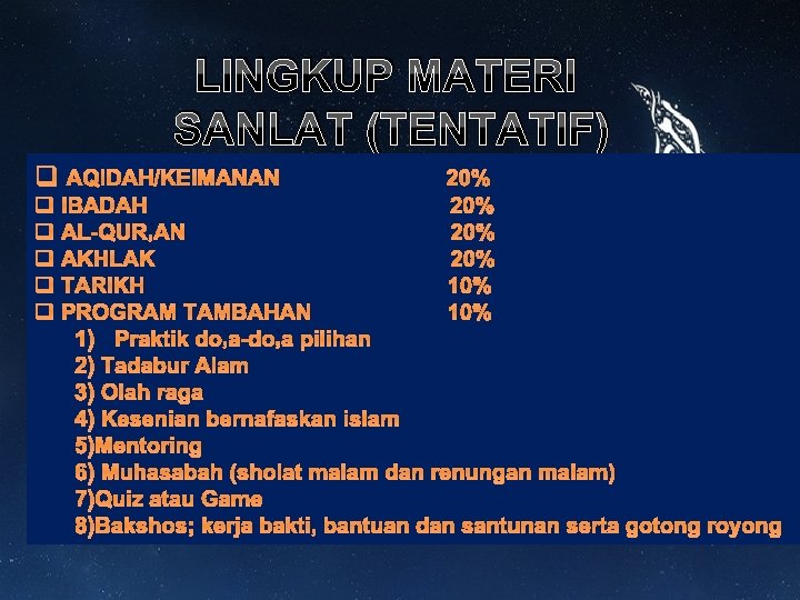 LINGKUP MATERI SANLAT (TENTATIF) q AQIDAH/KEIMANAN 20% 20% 10% q IBADAH q AL-QUR’AN q