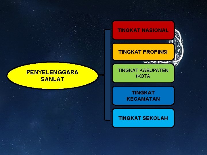 TINGKAT NASIONAL TINGKAT PROPINSI PENYELENGGARA SANLAT TINGKAT KABUPATEN /KOTA TINGKAT KECAMATAN TINGKAT SEKOLAH 