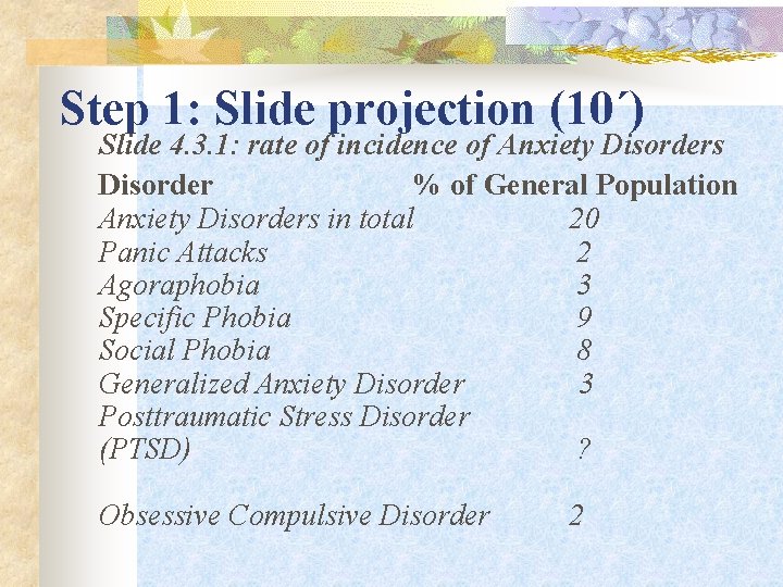 Step 1: Slide projection (10΄) Slide 4. 3. 1: rate of incidence of Anxiety