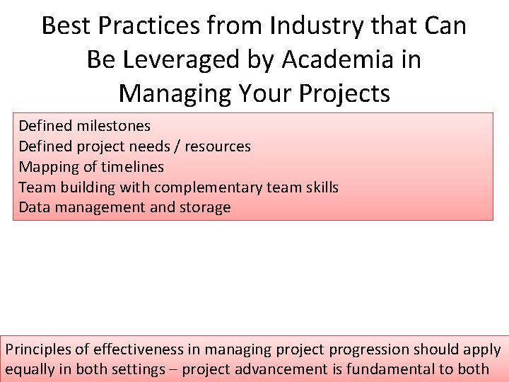 Best Practices from Industry that Can Be Leveraged by Academia in Managing Your Projects