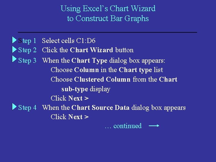 Using Excel’s Chart Wizard to Construct Bar Graphs Step 1 Step 2 Step 3