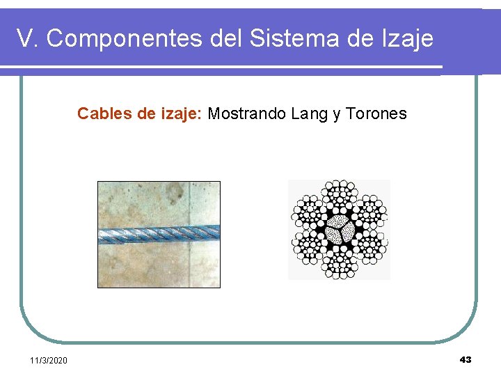 V. Componentes del Sistema de Izaje Cables de izaje: Mostrando Lang y Torones 11/3/2020