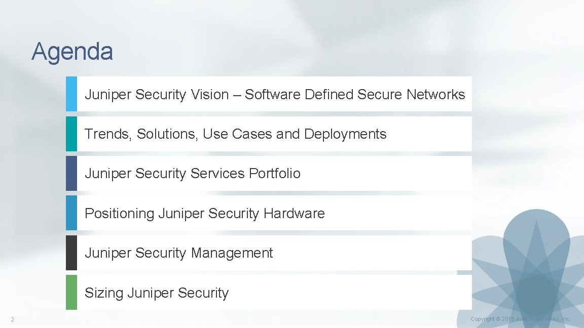 Agenda Juniper Security Vision – Software Defined Secure Networks Trends, Solutions, Use Cases and