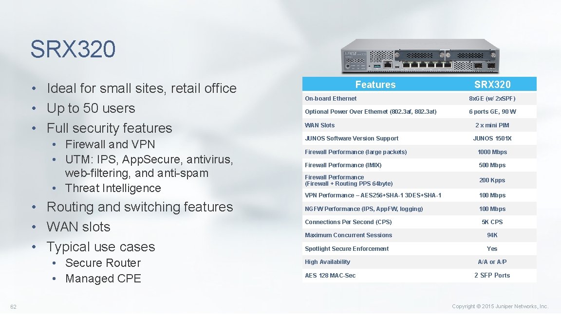 SRX 320 • Ideal for small sites, retail office • Up to 50 users