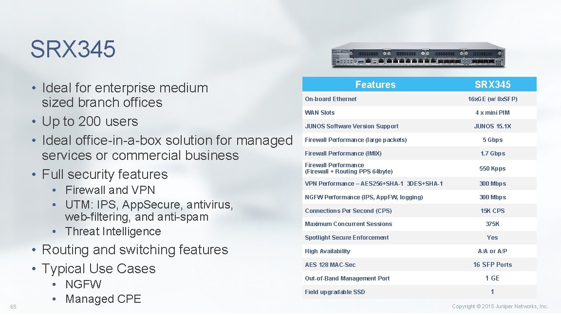 SRX 345 • Ideal for enterprise medium sized branch offices • Up to 200