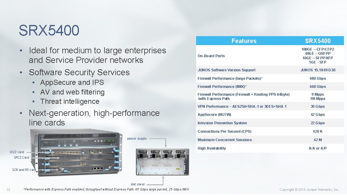 SRX 5400 Features • Ideal for medium to large enterprises and Service Provider networks