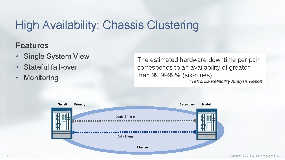 High Availability: Chassis Clustering Features • Single System View • Stateful fail-over • Monitoring